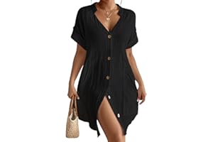 Bsubseach Cotton Swimsuit Cover Up for Women Button Down Bikini Beach Dress