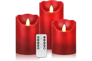 YIWER Battery Candles, 4" 5" 6" Set of 3 Real Wax Not Plastic Pillars Include Realistic Dancing LED Flames and 10-Key Remote Control with 2/4/6/8-hours Timer Function 200 Hours (3x1, Red)