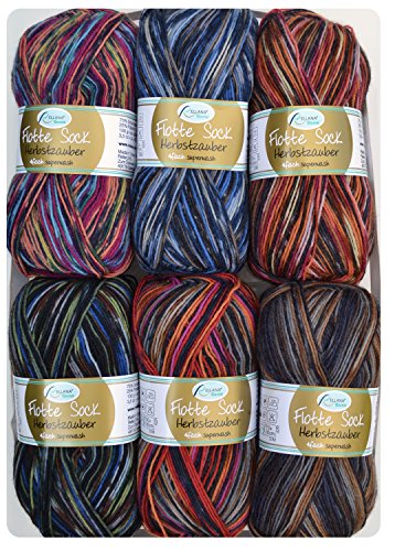 6x 100g Rellana Sockenwolle Paket 4-fädig Herbstzauber, 600g Sockenwolle sortiert