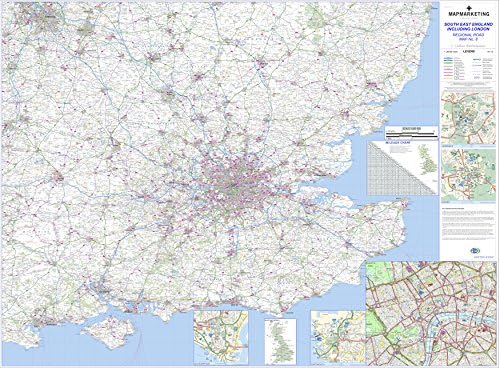 Large Southeast England Including London Road Map - Detailed Regional Road Wall Map - Motorways, Primary And Secondary Roads, Trunk Roads, Dual Carriageways