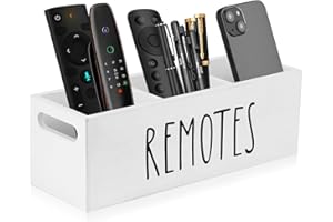 BTBHIHO Wooden Remote Control Holder with 2 Compartments, White TV Remote Storage Organizer with Handles on Both Sides, Nightstand Caddy, Wooden Media Storage Box for TV Controllers Living Room
