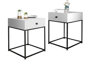JOOLI H Bedside Tables Set of 2, Modern Bedside Cabinets with Drawer and Metal Frame for Bedroom Living Room 2 White