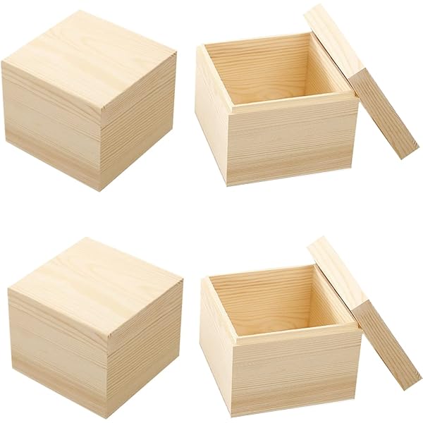 LONG TAO 4 Pack Square Wooden Storage Box Natural Wood Box with
