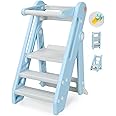 Onasti Toddler Learning Tower, Folding toddler kitchen step stool, standing tower for kitchen counter bathroom, Adjustable Height, Safety bar (Blue)
