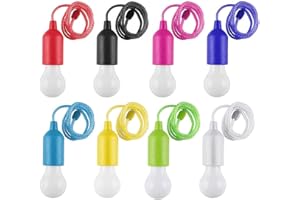 JUNERAIN Lot de 8 ampoules LED colorées avec cordon à tirer, fonctionnant à piles, lampe à cordon de tirage, lampe portable en plastique, lumières LED d'extérieur pour l'intérieur, l'extérieur