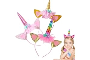 FANSEZQ 3 Cintas para el Pelo de Unicornio para niños, Diadema de Unicornio, Cintas para el Pelo de Unicornio, con Accesorios para el Pelo y Orejas de Cuerno de Unicornio, para Pascua, cumpleaños, Fiestas