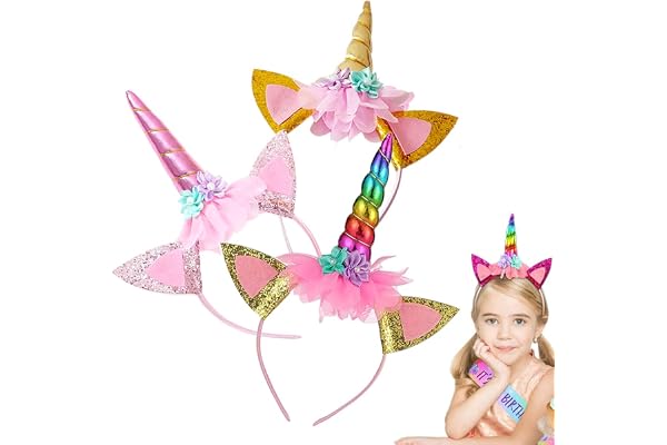 3 élastiques pour enfants licorne, bandeaux licorne, Serre-Tête Licorne pour Fille Enfant, avec accessoires et oreilles pour cheveux en corne de licorne, utilisés pour Pâques, anniversaires, fêtes...