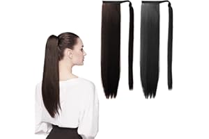 DEEDPF 1 pack of 24" long straight ponytail extensions, black brown wrap-around ponytail extensions, 120G synthetic clip-on ponytail extensions, women’s wig (black brown)