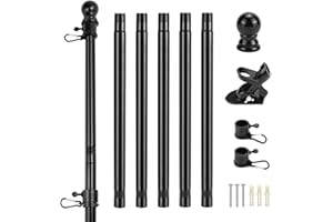 QWORK® Kit de Mastil Bandera Rxteriores - Asta de Bandera de Metal 180 cm con Soporte de Pared, Cabezal Acodado y Anillos Giratorios - Suspensión de 45°/90° - Longitud Ajustable