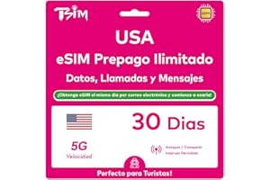 TSIM USA eSIM 30 Días. Red T-Mobile con Datos Ilimitados de Alta Velocidad, Llamadas Locales y Mensajes en USA (Hawái Incluido). Obtén eSIM Mismo Día por Correo Electrónico y Comienza a Usar Inmediatamente