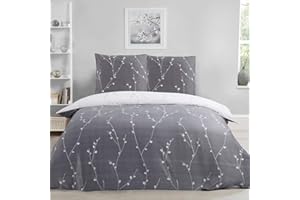 Sleepdown Willow Floral Grey Ultra Soft Easy Care Hipoalergiczny nadruk Biała dwustronna poszwa na kołdrę Zestaw pościeli - 200 cm x 200 cm + 2 poszewki na poduszki 80 cm x 80 cm