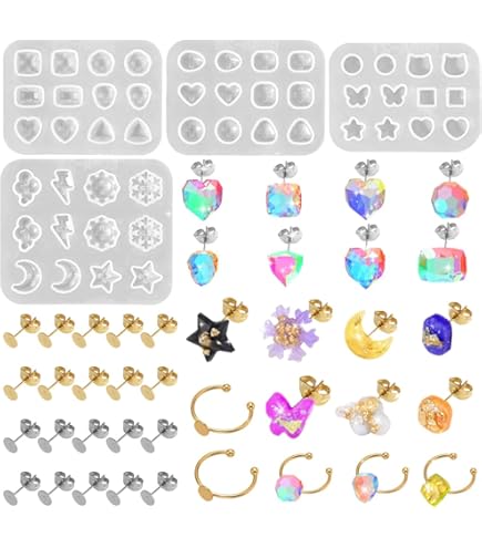 Kit Per Creare Orecchini In Resina - 6 Stampi In Silicone Con Ganci E Anelli