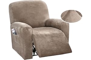 QQJIN Velvet Recliner Chair Cover with Side Pocket, 4 Piece Non Slip Recliner Cover, 1 Seat Stretch Recliner Protector Form Fitted Thick Soft Washable for Living Room, Pet, Kids,Taupe
