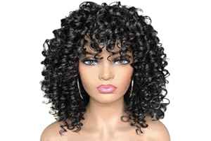 mianhua Peluca de cabello humano con ondas profundas, sin procesar, pelucas de cabello humano para mujeres negras, peluca de cabello humano rizado con flequillo, pelucas afro naturales para fiesta