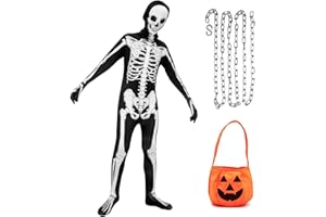 SUFFOLLY Costume da Scheletro per Bambini Ragazzi Ragazze Costume da Teschio di Halloween, Costume di Halloween per Bambini con Catena e Sacchetto di Zucca per Halloween Dress Up,Gioco di Ruolo,Cosplay Party