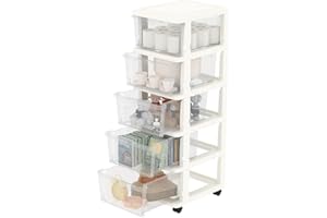 Cetomo Tour de Rangement, Tiroirs de Rangement en Plastique, Caisson de Bureau sur Roues Verrouillables pour Domicile à Chambre, Dormoir, Détachable, Combinaison Libre, Transparent et Blanc, 5 Tiroirs