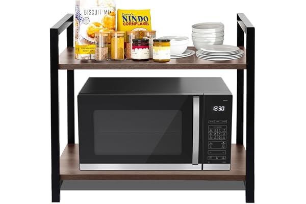 RIZIK STORE 2-Tier Metal & Wooden Microwave Oven Stand - Multipurpose Extra Storage for Kitchen, Coffee Bar, Countertop, Bathroom (Design 2)