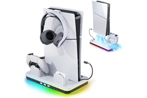 Mytrix Fast Charging Stand RGB Cooling Fan for PS5 Slim Console (Disc & Digital), PS5 Controller Charging Station, Controller Charger, 3 Speeds Cooling Fan, Headset Holder, RGB Lights & 3 USB Ports