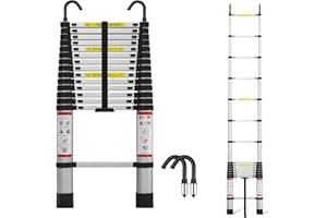 LUCN 4,4 m Teleskopausfahrleiter, 4,4 m Metall mit 2 Haken, rutschfeste Gummifüße – Tragbar, belastbar bis 150 kg, vielzwecktauglich und zusammenklappbar für Innen- und Außeneinsatz