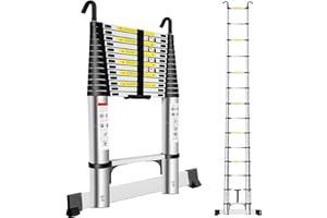 Exleiter Extendable Telescopic Ladder 4.9M, Aluminium Telescoping Ladder with Detachable Hooks and Stabiliser Bar, Adjustable Height Portable Sturdy Loft Ladder Secure Climbing for Hom