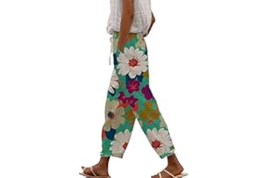 BUETORY Womens Straight Leg Linen Pants Drawstring High Waisted Yoga Beach Pants Plus Size Lightweight Outdoor Sports Harem Pants 2024 Summer Fashion Printed Loose Lounge Cropped Pant with Pocket