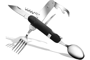 ZIMAIC 6 en 1 de acero inoxidable plegable cubertería de camping juego de cubiertos de viaje al aire libre vajilla desmontable para aplicar en senderismo, viajes, picnic, camping, festival