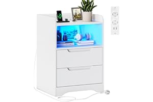 ‎BRINLAWB Brinlawb Nachttisch mit Steckdose und LED-Beleuchtung Nachtschrank mit 2 Schubladen und 1 offenes Fach (1, Weiß)