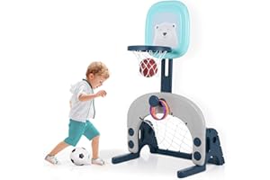Hadwin Kinder Basketballkorb Set, 3 in 1 höhenverstellbarer Basketballständer & Fußballtor & Wurfspiel für Kleinkinder, Sport für Jungen und Mädchen, Indoor geeignet