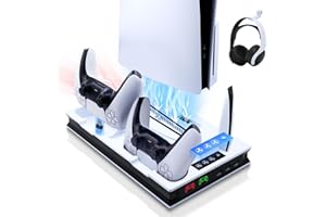 Tolesum Support de Refroidissement pour PS5 Pro, PS5 Slim UHD/Digitial Edition Ventilateur Station de Refroidissement, Chargeur Manette, avec Support de Casque, 3 USB - Blanc