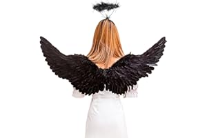YIMOJOY alas de ángel Negro con halo,105CM Adultos alas de ángel señoras Traje de alas de ángel señoras alas de Plumas de Carnaval para Halloween Cosplay Fiesta