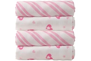 Cuski Super Soft Bamboo Muslins x 4 (Jolie Hearts), Pink, 60 x 60 cm