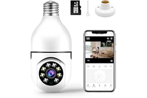 Clouree Telecamera con lampadina WiFi con scheda SD 32G, telecamera intelligente di sicurezza wireless 1080P con visione notturna, inclinazione 355 Pan 95, telecamera con attacco luce E27 per interni