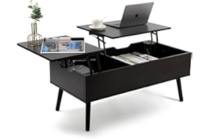 VOWNER Mesa de Centro, Mesa de Centro Regulable en Altura, Extraíble, Extensible, Compartimento de Almacenaje Oculto Independiente, Tablero Elevable Doble, Mesa de Sofá de Salón, Nogal Negro Color