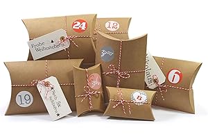 Frau WunderVoll® DIY Adventskalender zum Befüllen HoHoHo Kraftpapier/Vintage/natur, Ziffern rosa-rot/Weihnachtskalender Bastelset Weihnachten,Schachteln,Kissenschachteln, Pillowbox