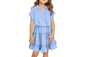 CZIMOO Ragazze Vestito Estate Manica Corta Scollo a V Bambini Abiti con Cintura per 4-14 Anni