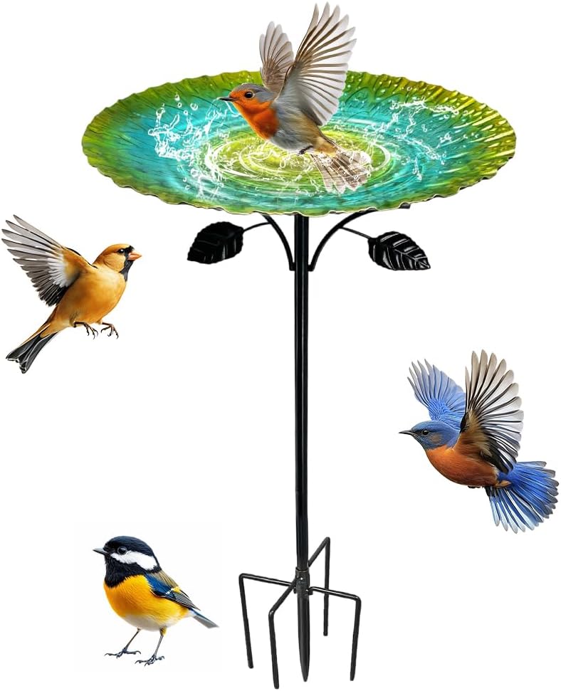 Bebedero para pájaros de pie, 85 cm, resistente al invierno, para pájaros, con base fuerte de 5 puntas, baño grande de hierro fundido para pájaros, jardín, resistente a las heladas, retro, verde