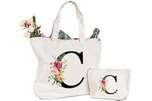SINEKONG Sac Fourre-Tout en Toile avec Initiale Fleur, Sac Tote bag en Toile Trousse de Maquillage Personnalisés Idéal pour Mariage Anniversaire Plage Vacances, Cadeau Parfait pour Femmes Amis Maman Sœurs (C)