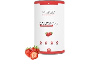 ‎VITALBODY+ SUPPLEMENTS VitalBody+ DailyShake, Strawberry Punch, 450 g, Mahlzeitenersatz-Shake zum Abnehmen, 15 Mahlzeiten, nur 250 kcal pro Shake, vollwertig & kalorienarm ersetzen