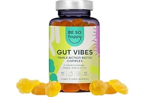 BE SO HAPPY Prébiotiques et Postbiotiques Intestinaux | 60 Gummies | Pour la Flore Intestinale et la Digestion | Complexe Biotique avec Zinc et Vitamine D3 | Végétalien, sans Gluten et sans Lactose