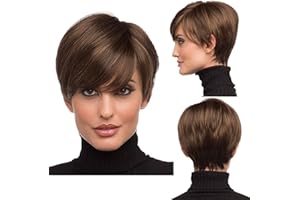 Becus Perruque Brun Courte et Droite Avec Frange Cheveux Synthétiques à la Chaleur Perruque Femme Naturelle Courte Pixie pour Femmes Usage Quotidien