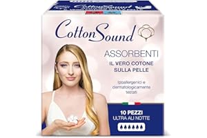 COTTON SOUND ULTRA ALI NOTTE Assorbenti con Cotone 10 Pezzi, 100% Cotone Idrofilo, Ipoallergenici, Dermatologicamente Testati, Super Assorbenti, Tecnologia Multistrato, Made in Italy