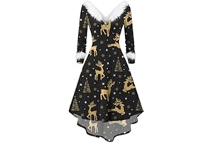 WVONIF Robe Noël Femme Grande Taille Nouveauté Col en V Duveteux Robe Noel Rouge Mignon Imprimé Rose Cocktail Soirée Rockabilly Décontractée au Genou Midi Robes Christmas Dress Déguisement Père Noël Costume