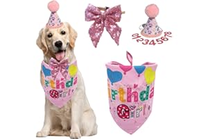 AIMICOCA Hunde Geburtstagsparty Zubehör, Junge Mädchen, Hunde geburtstagsmütze mit Zahlen, Hundewelpen, Geburtstags Bandana Hut, Schleifen Set (Pink)