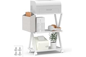VEDECASA Supporto per stampante a 3 livelli con cestino portaoggetti e ruote, in legno, supporto per stampante da divano, per casa e ufficio, moderno, supporto laterale da sotto la scrivania (bianco)