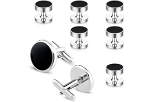Tunknew 8 Pcs Cufflinks for Men, Mens Cufflinks and Tuxedo Studs Set Classic Black & Silver Cufflinks Suitable for Wedding Business Banquet Ceremony Formal Suit