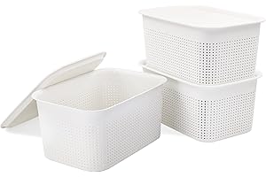 LYLIDIA Cajas Almacenaje Plastico Blancas con Tapa Set de 3 Cajas Organizadoras Cocina Cesta Organizadora Armario Apilable Cestas de Almacenaje 7L con Tapas para Estantería Aseo Aula Oficina Baño