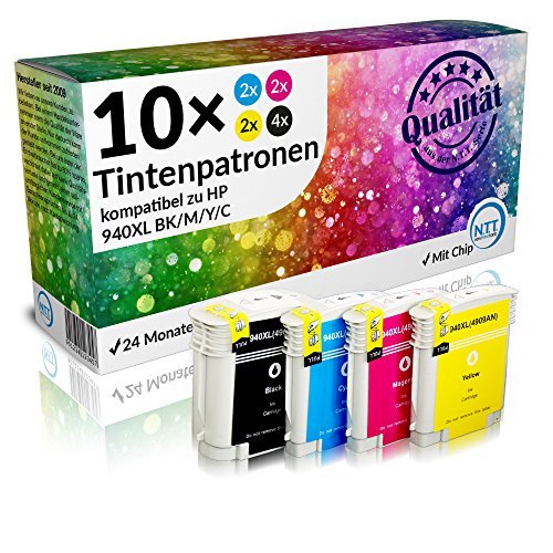 N.T.T.® 10x XL Tintenpatronen kompatibel zu HP940 XL (4 Schwarz, 2 Cyan, 2 Magenta, 2Yellow) Multipack mit aktuellstem Chip für HP OfficeJet Pro 8000 Wireless, 8000AIO, 8000W, 8500, A809, A909a, A909g, A909n, 8500A e-All-in-One Plus, All-in-One 8500AIO, 8500W Druckerpatronen