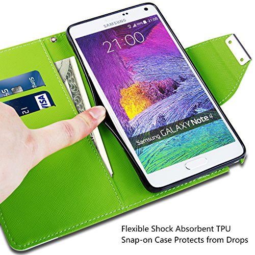 Note 4 Hülle – Vakoo Bookstyle Schutzhülle Flip Case Premium PU-Leder Tasche Hülle für Samsung Galaxy Note 4 (Grün Weiß) - 4