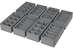 DIMJ Sock Organisers - Foldable Drawer Storage Organiser with Multi Compartments for Socks, Bras, and Clothes - Non-Woven Storage Boxes, Set of 8, 30×15×9cm, Deep Grey