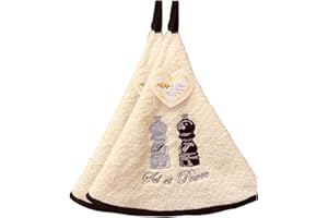 VILLAGES DE PROVENCE Lot de 2 Torchons Essuie Mains Sel et Poivre - Essuie Mains Cuisine Rond avec Attache - Motifs Brodés - 100% Coton - Ø 65 cm de diamètre - Lavable en Machine (Ecru, Lot de 2)